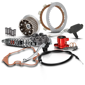 Various motorcycle engine parts such as clutches, gaskets, springs, and cables.